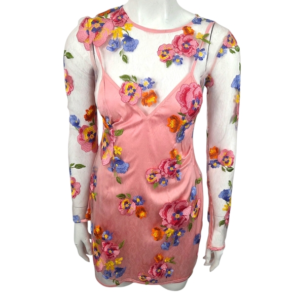 For Love & Lemons Percy Mini Dress Sheer Coquette Womens Small Pink Floral Fairy - Picture 3 of 15
